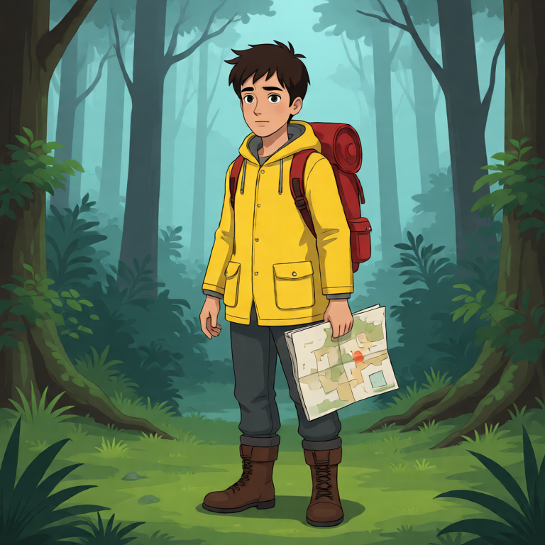 Source character concept of a fictional explorer in a yellow rain jacket.