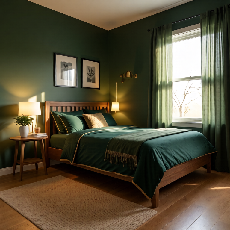 Edited bedroom image preserving layout while changing decor to dark green and brass.