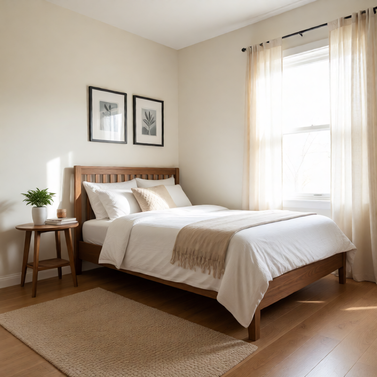 Source interior image of a cozy bedroom with a walnut bed frame and beige rug.