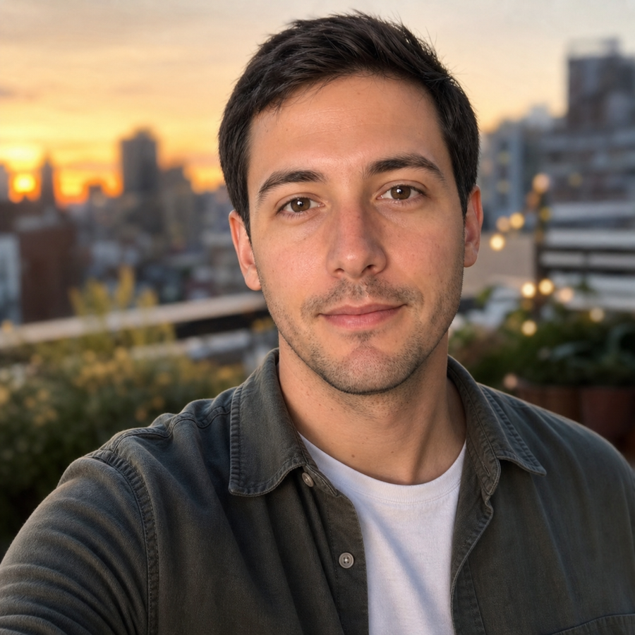 Edited dating profile photo of the same man on a warm city rooftop.